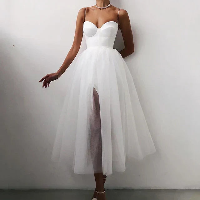 Formal women's A-line corset dress, elegant & flattering for special occasions or a sophisticated evening event.