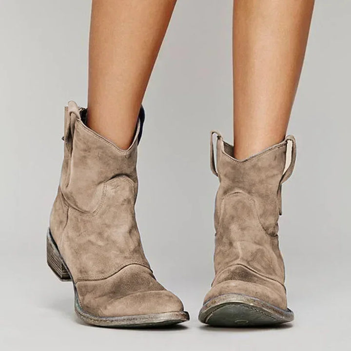 Women's Emily vintage Western ankle boots, classic cowboy fashion boot with low heel, perfect for fall & winter.