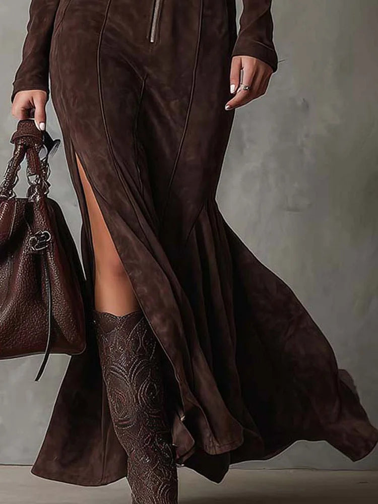 Chic women's fall/winter maxi dress with a flattering belted waist & stylish zip. Elegant for day or evening.