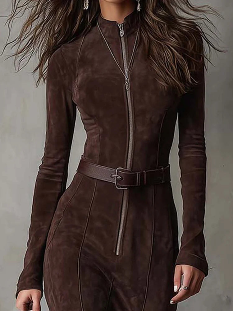 Flattering women's long belted maxi dress with elegant zip detail. Ideal for fall & winter versatile styling.