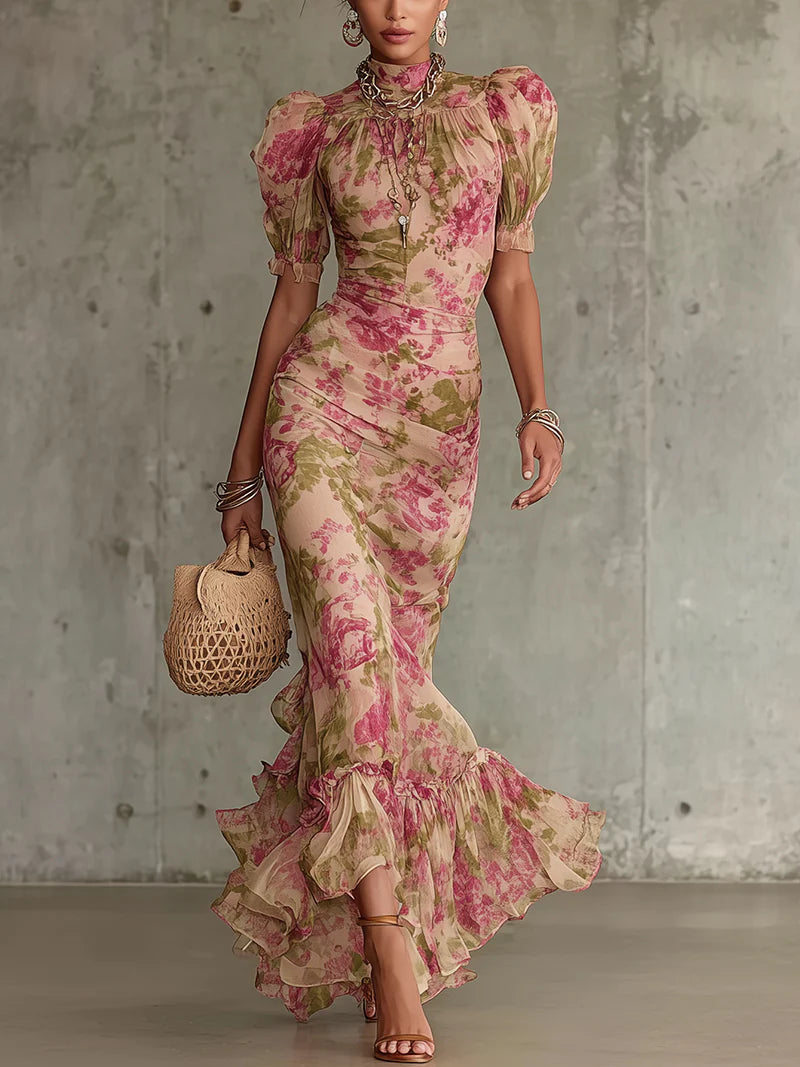 Women's vintage rose puff sleeve maxi dress with elegant floral print, perfect for summer occasions or spring fashion.
