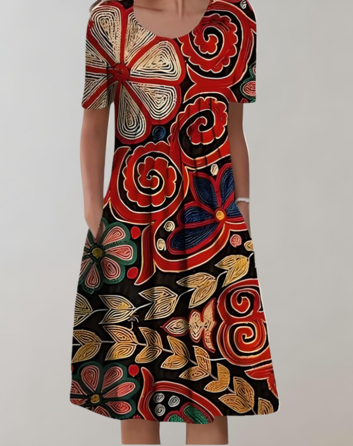 Elegant women's flowy floral midi dress, comfortable with short sleeves and convenient pockets. Ideal for everyday.