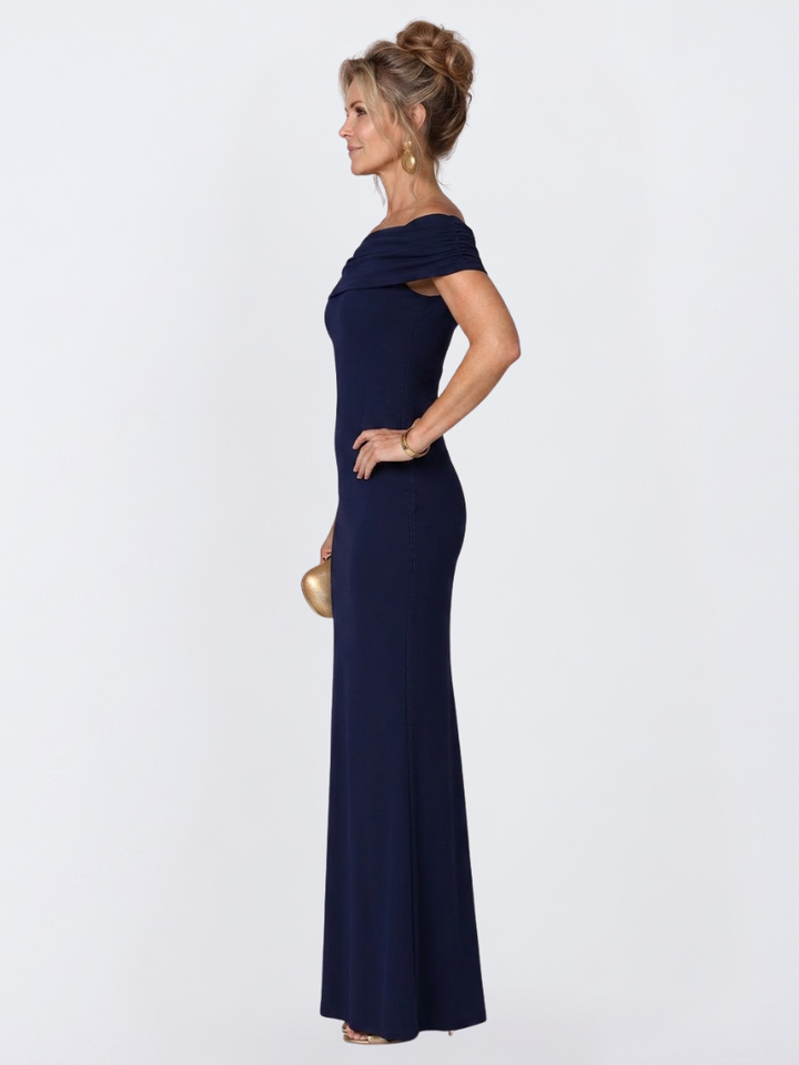 Chic off-shoulder maxi bodycon dress for women, featuring a unique twist back design, perfect for formal events.