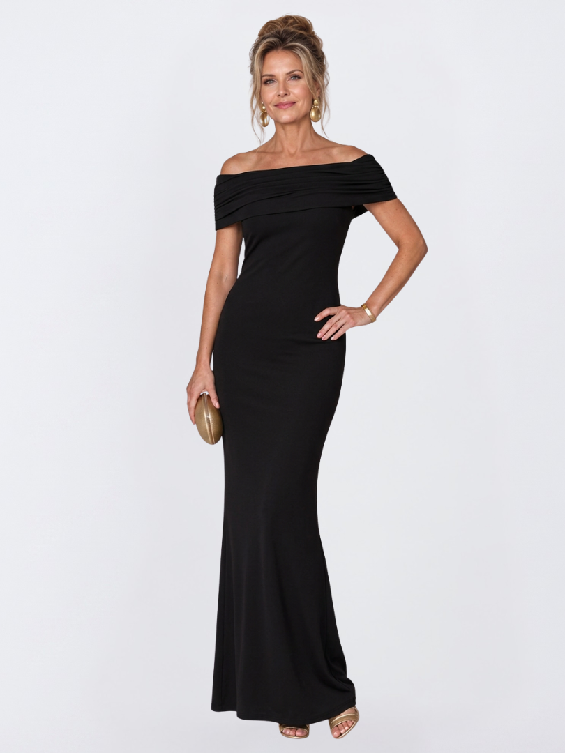 Sophisticated women's off-shoulder party dress, bodycon fit, long length, and eye-catching twist back detail.