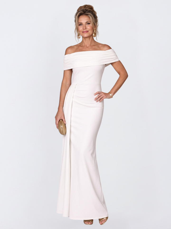 Women's elegant ruched bodycon maxi dress, off-shoulder neckline, & unique twist back, perfect for celebrations.
