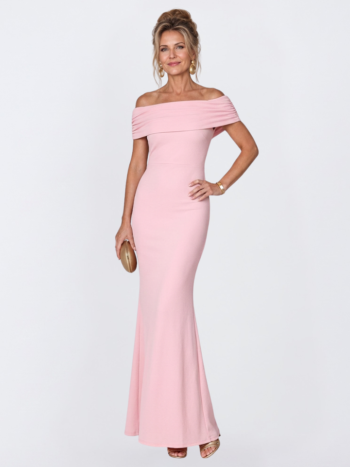Stylish off-shoulder bodycon long dress for women with a chic twist back, ideal for formal and evening wear.