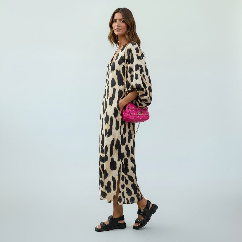 Feminine leopard print midi dress for women, elegant and flattering, suitable for casual or party wear.