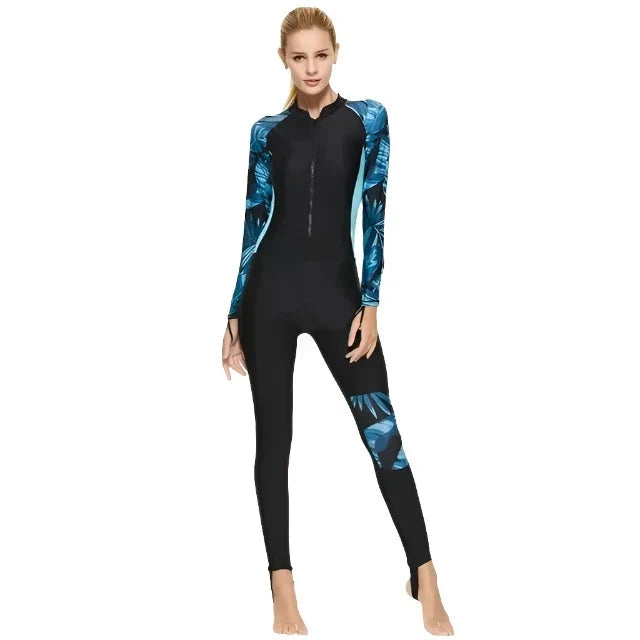 Full UV 50+ sun protection women's one-piece swimsuit for comfortable & safe beach activities.