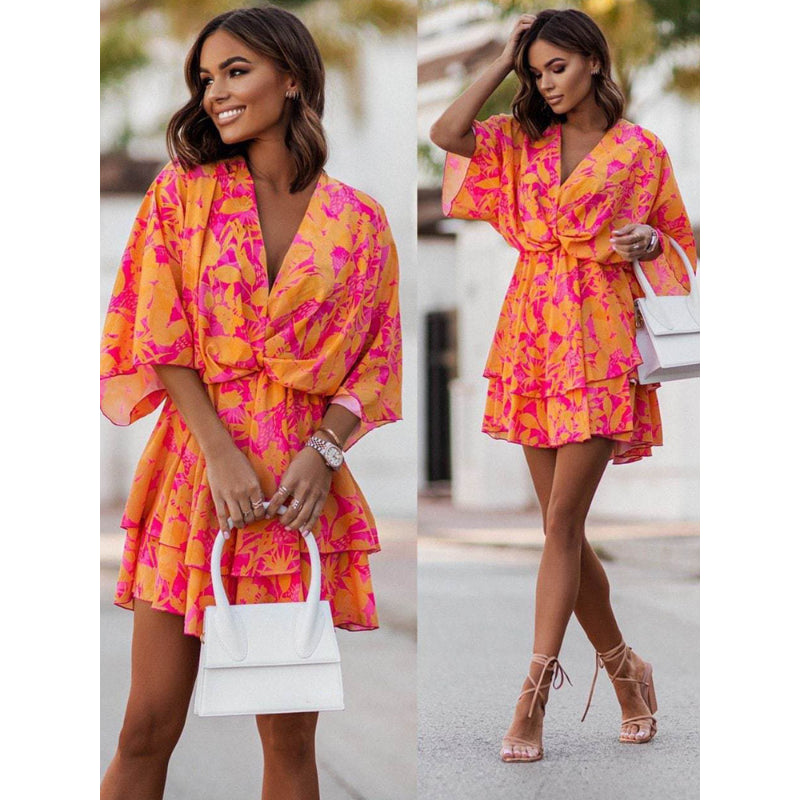 Boho floral print mini dress for women, featuring a casual design perfect for holiday vibes.