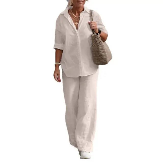 Effortless women's spring fashion: elegant linen matching set with wide leg pants for comfort.