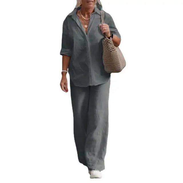 Chic women's resort wear: linen two-piece set with long sleeves and wide leg pants for style.