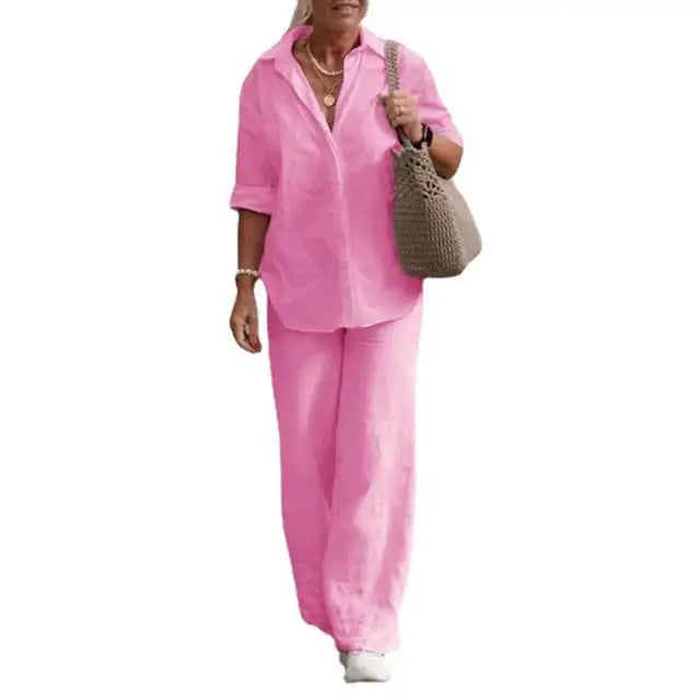 Women's breathable linen two-piece set, featuring a long sleeve top & wide-leg pants for summer.