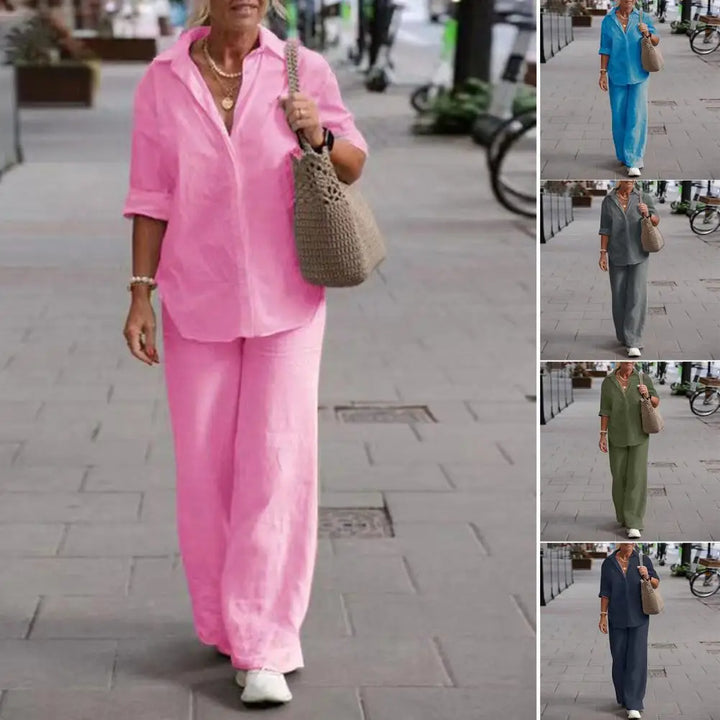 Breathable women's linen matching set with long sleeve top & wide-leg pants, ideal for resort wear.