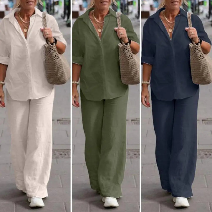 Elegant women's linen two-piece set: long sleeve top & wide-leg pants for summer fashion.