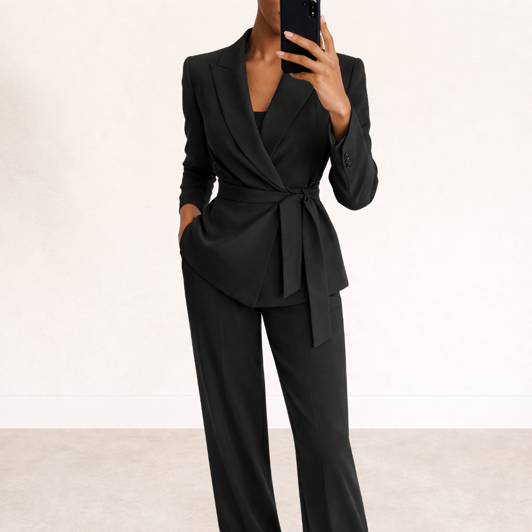 Sophisticated women's blazer with a tie waist, paired with wide leg pants, creating a polished and professional suit.