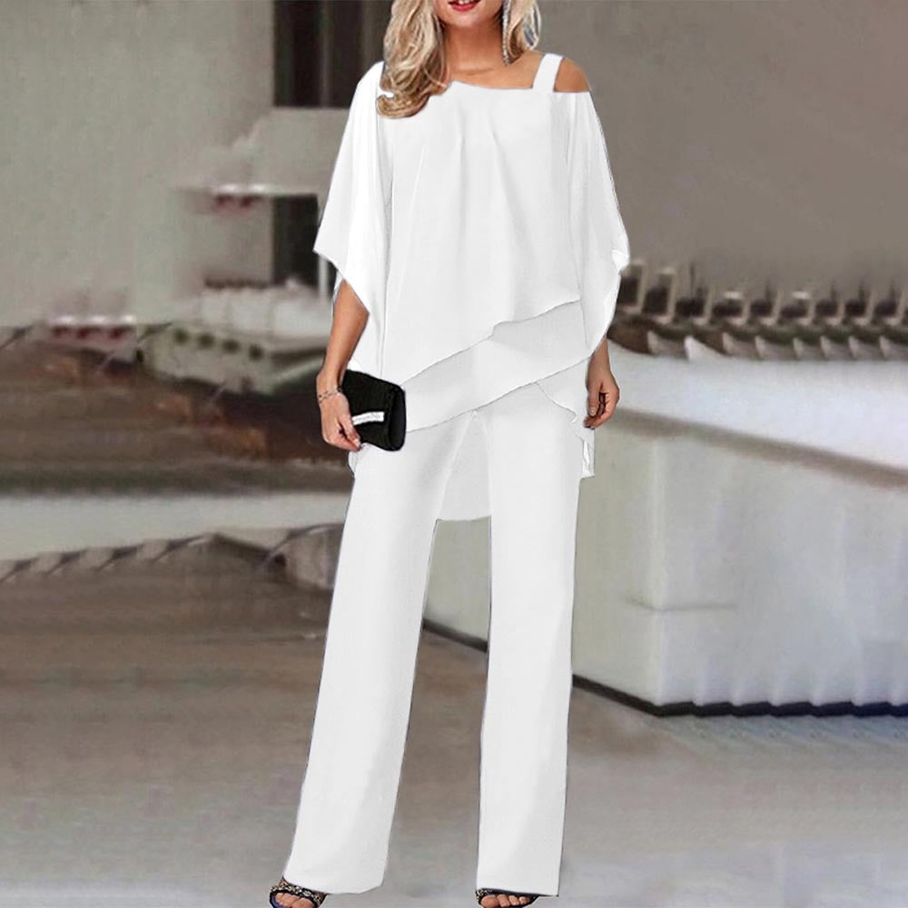 Elegant women's draped two-piece set with a chic top & wide-leg pants. Perfect for sophisticated modern style.