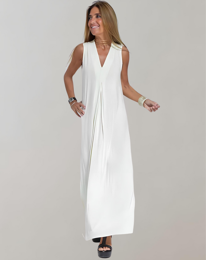 Stylish women's V-neck maxi dress, ideal for summer vacation, beachwear, or casual elegant evenings.