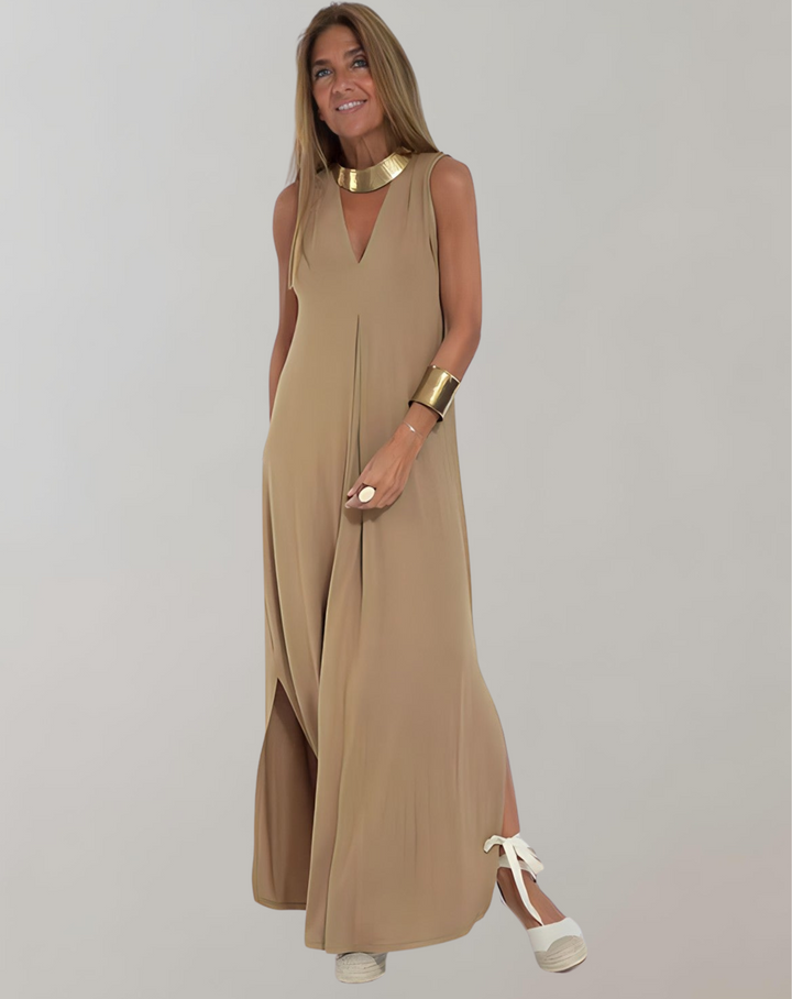 Comfortable sleeveless V-neck maxi dress for women, offering effortless summer style and a flowy fit.