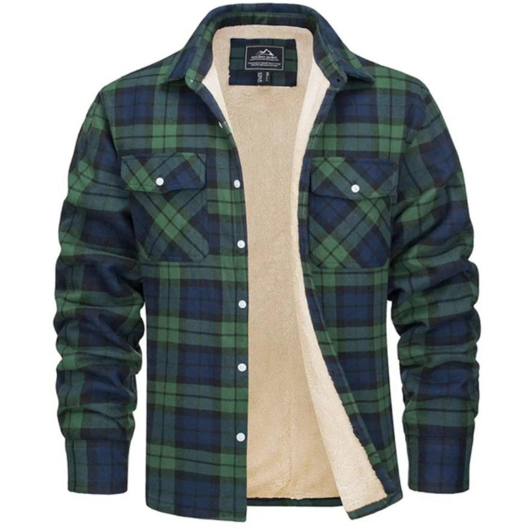 Detail shot: Men's comfortable plaid winter jacket showcasing warm, durable fabric.