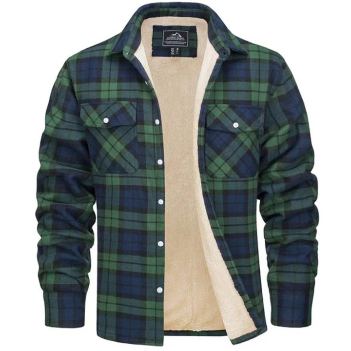 Detail shot: Men's comfortable plaid winter jacket showcasing warm, durable fabric.