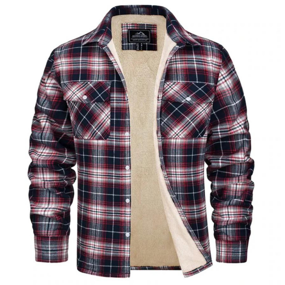 Man models a fashionable plaid winter jacket, a comfortable & warm outerwear piece for men.