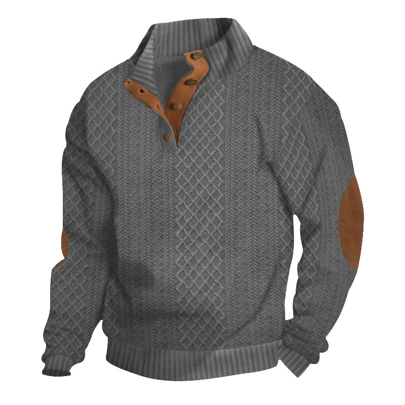 Classic men's long sleeve cable knit sweater, mock neck & button placket for a cozy, versatile winter look.