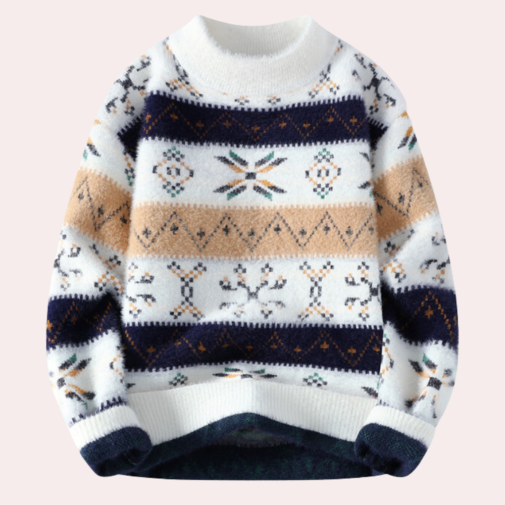 Vintage-inspired men's patterned crew neck sweater featuring a ribbed knit, ideal for stylish comfort.
