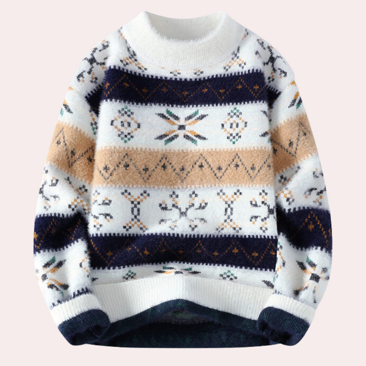 Vintage-inspired men's patterned crew neck sweater featuring a ribbed knit, ideal for stylish comfort.
