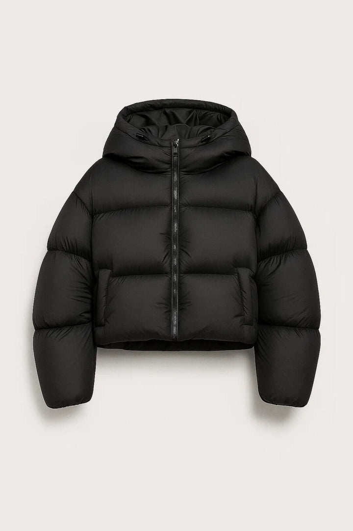 Warm women's black hooded short puffer jacket. Padded winter coat for cold weather, perfect casual outerwear.