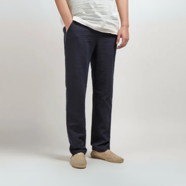 Versatile men's linen trousers, relaxed straight leg, lightweight and breathable for summer and warm weather.
