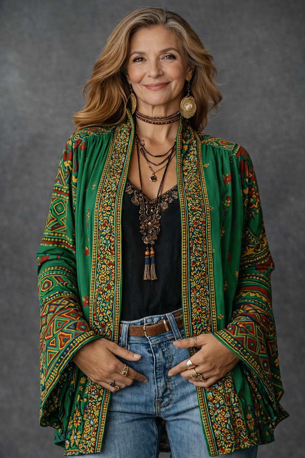 Versatile women's long cardigan, showcasing a vibrant Bohemian pattern for effortless style.