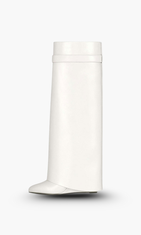 Women's street style boots: glossy finish, knee-high, and a distinctive sculptural wedge heel.