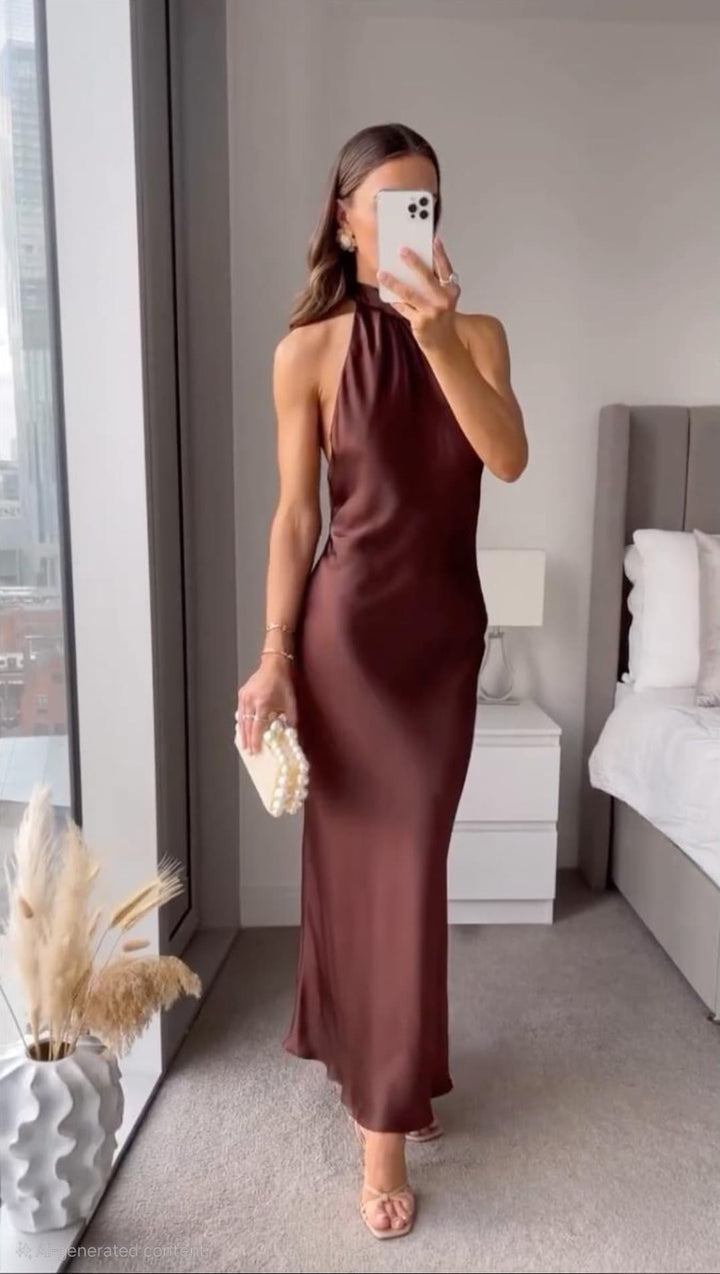 Elegant women's mocha midi halter dress for evening, party, or formal special occasions.