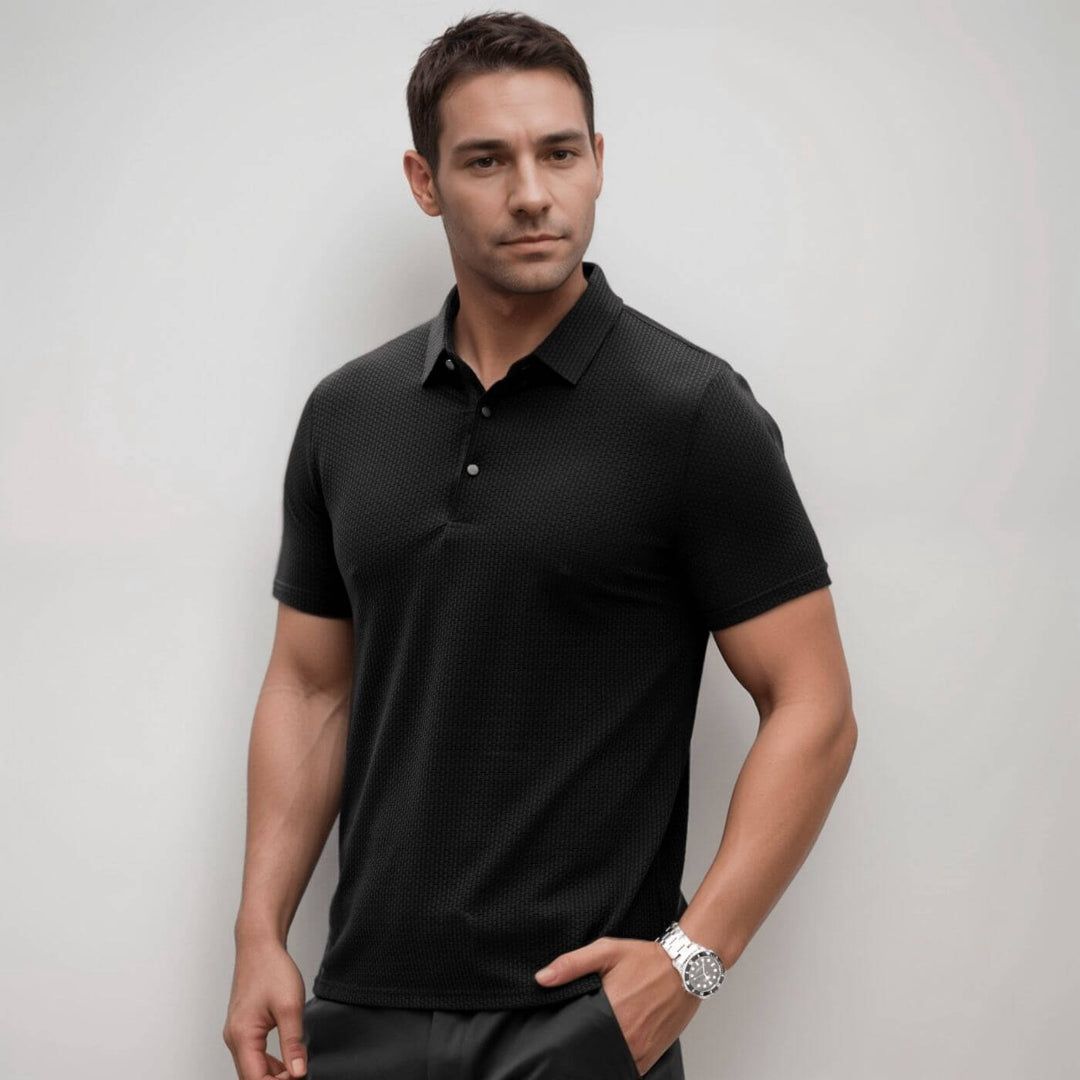 Men's stylish performance polo shirt. Athletic fit, breathable, moisture-wicking short sleeve for casual wear.