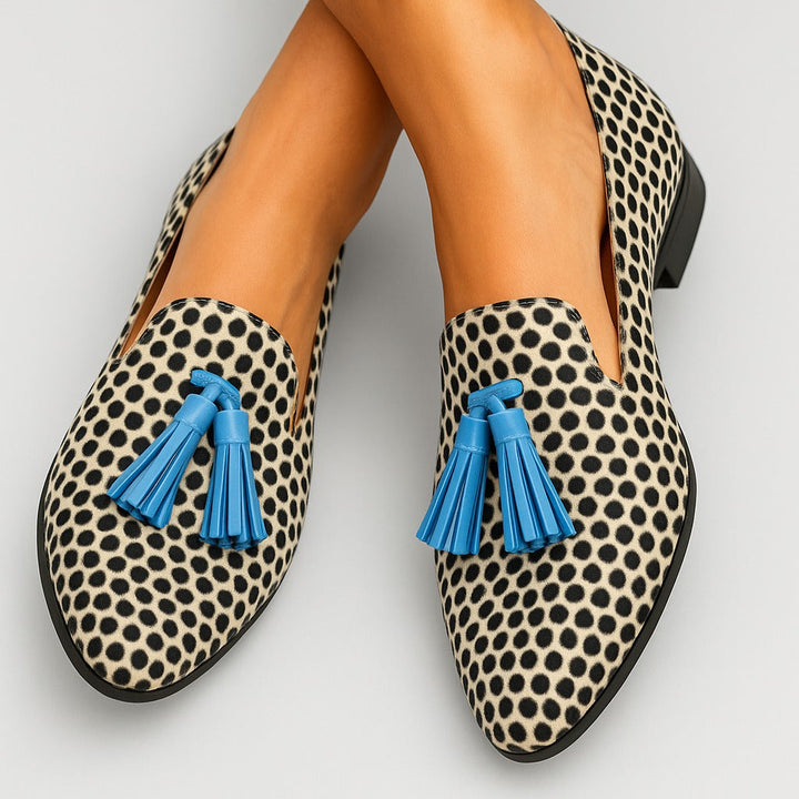 Women's comfortable slip-on loafers with elegant tassels & trendy polka dot pattern for fashion.