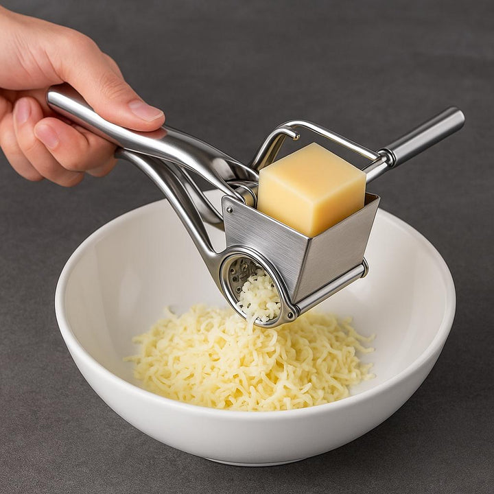 Close-up of a stainless steel manual rotary cheese grater, a durable kitchen tool for efficient food preparation.