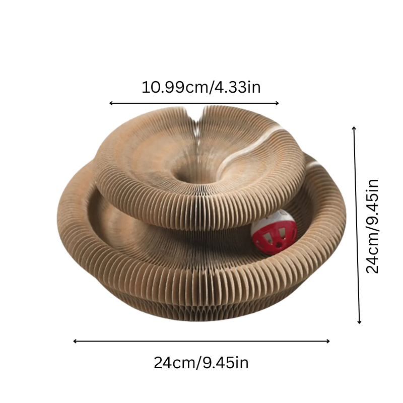 Durable, foldable interactive cat scratcher maze toy. Doubles as a play tunnel & cozy cat bed for enrichment.