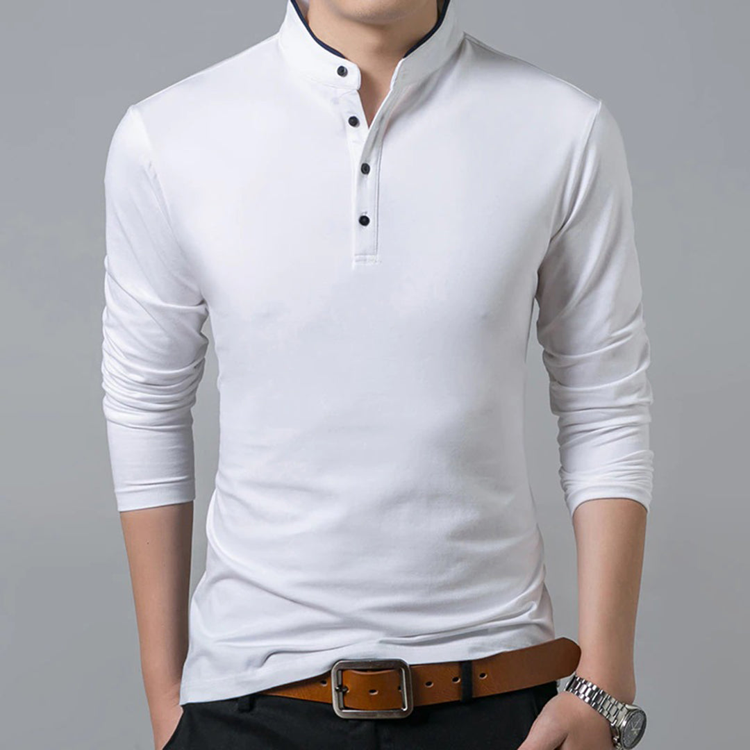 Versatile men's long sleeve polo shirt, slim-fit design suitable for both casual wear and smart casual outfits.