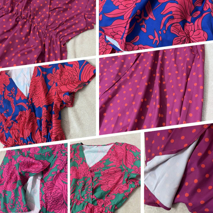 Stylish women's floral midi dress with wrap design & short sleeves, a comfortable summer essential.