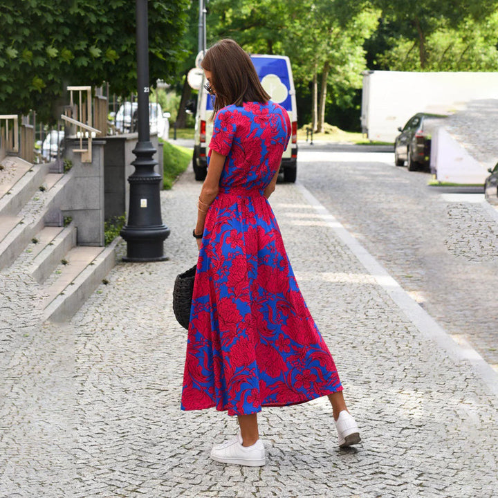 Lightweight women's short sleeve floral wrap midi dress, a flowy and versatile casual dress.
