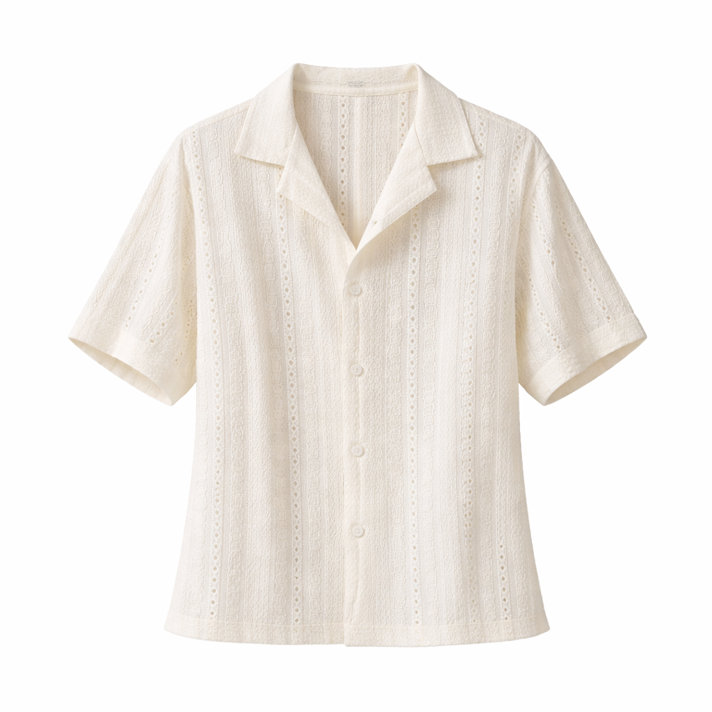 Casual men's short sleeve button-up shirt for summer. Features a stylish textured fabric, ideal for warm weather.