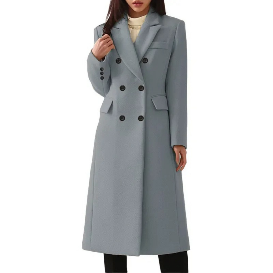 Warm & stylish women's double-button long winter coat. Elegant outerwear perfect for cold fashion trends.