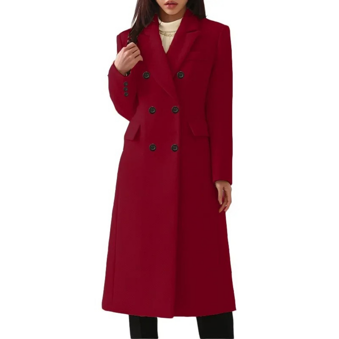 Elegant women's double-button long winter coat. Stylish outerwear for casual or formal cold weather occasions.