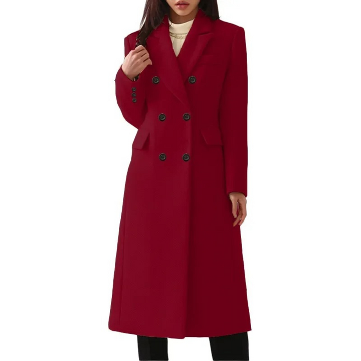 Elegant women's double-button long winter coat. Stylish outerwear for casual or formal cold weather occasions.