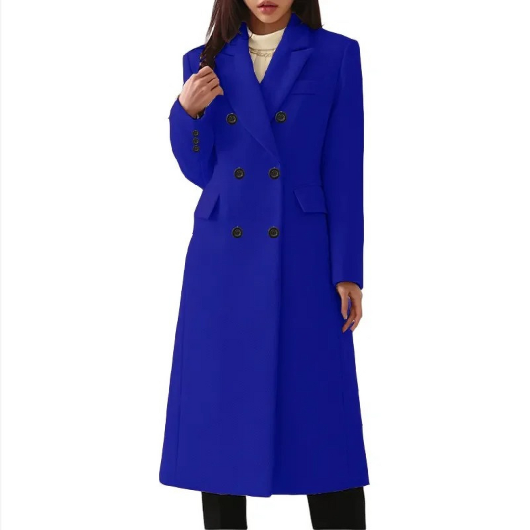 Cozy & stylish women's double-button long winter coat. Warm fashion outerwear, available in various sizes.