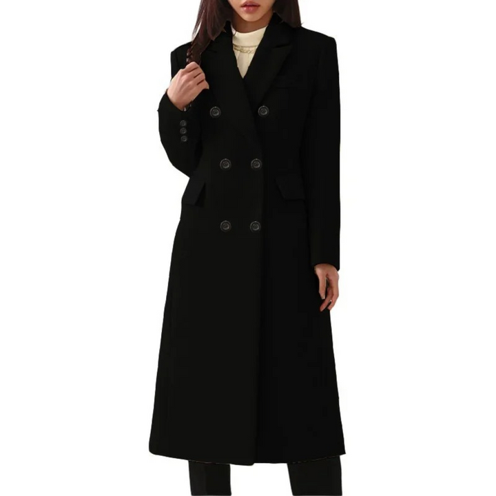 Chic women's double-button long winter coat. Stylish and warm outerwear, ideal for elegant winter fashion.