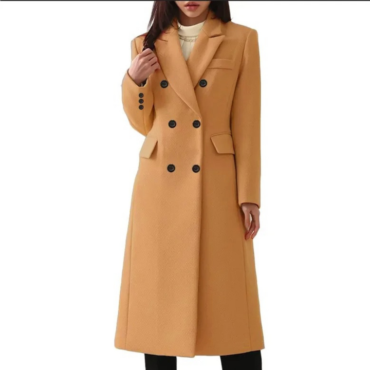 Stylish women's double-button winter coat, long and warm. Elegant outerwear for cold weather fashion.