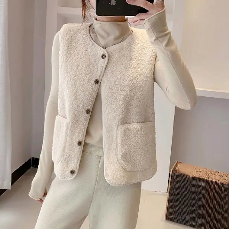 Modern women's sleeveless V-neck cardigan vest, a fashionable layering piece for fall/winter style.