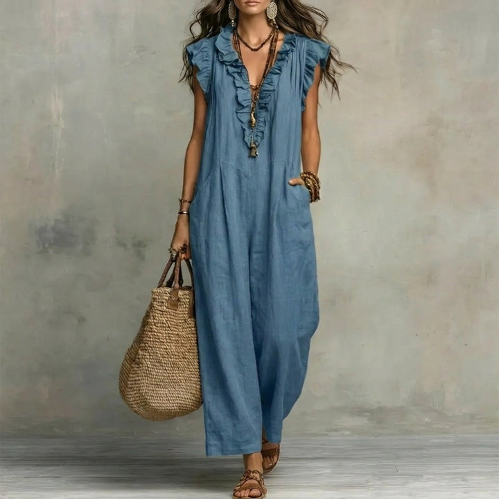 Flowy ruffled maxi dress for women, with a V-neck, offering ultimate comfort and style.