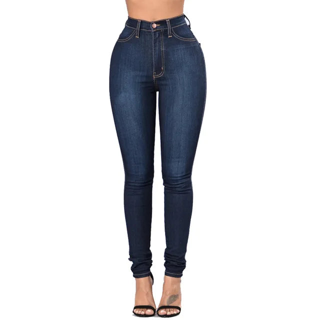 Stylish women's high waist skinny jeans. Figure-flattering slim fit, essential for modern fashion.
